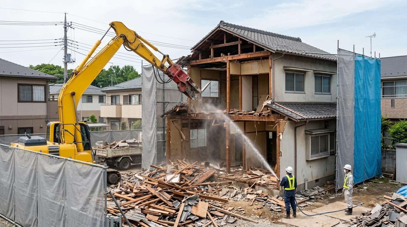 解体工事の施工風景。木造家屋を重機で解体し、散水で粉じんを抑えている様子