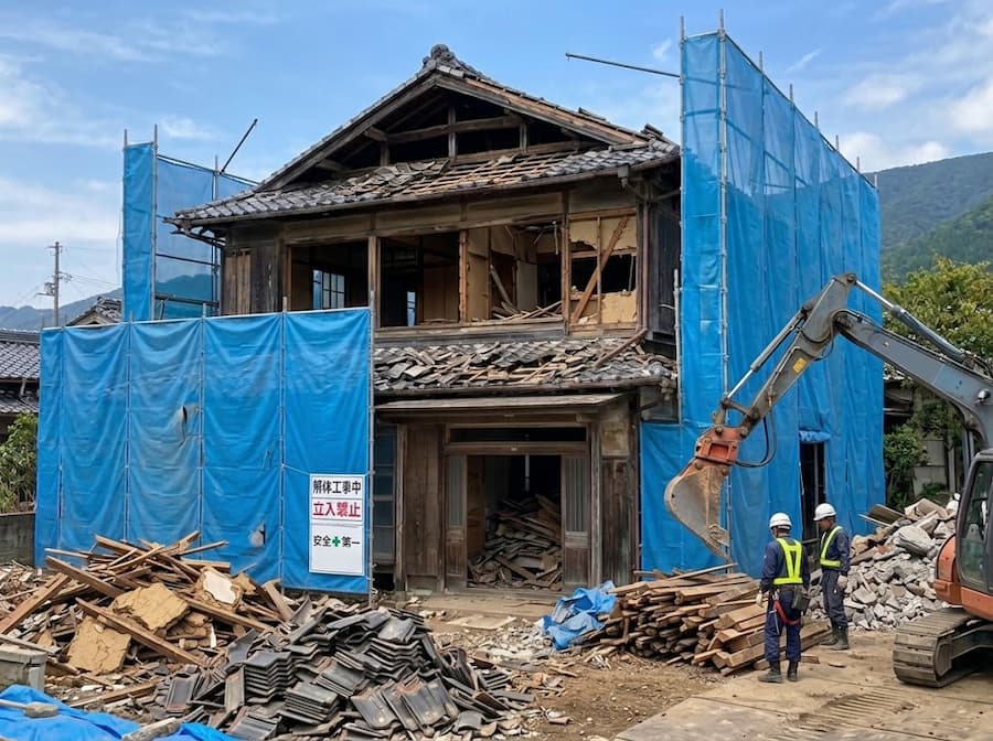 足場と養生シートで建物全体を囲い、屋根と2階部分から解体を進めているところ